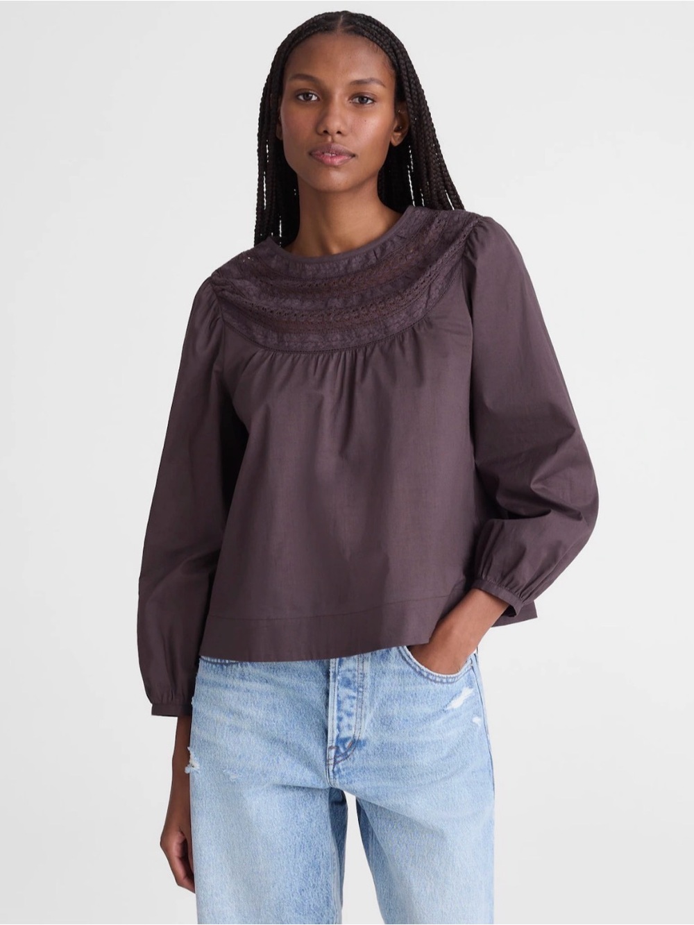 Madewell Lace-Insert Chocolate Top Blouse Sz XXS NWT $118